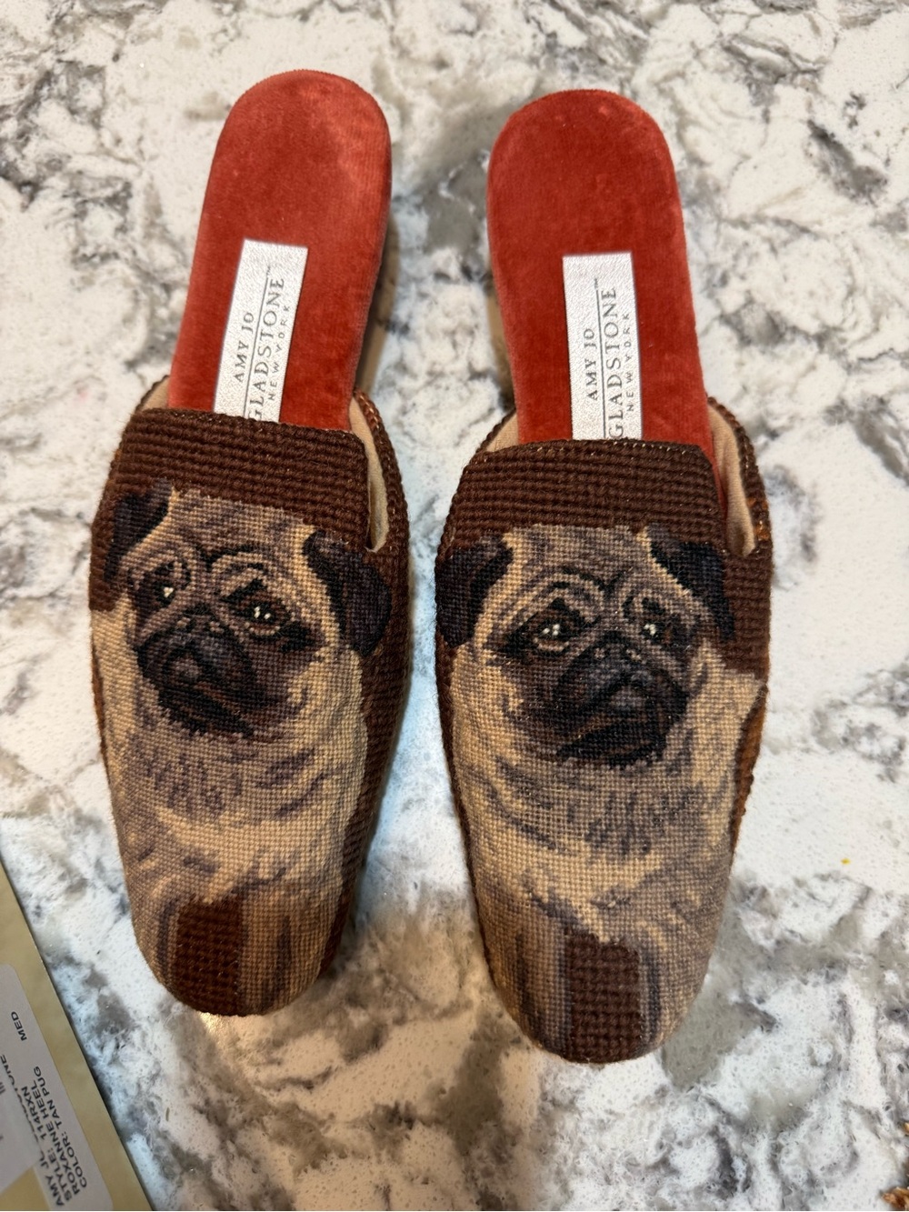 Amy Jo Gladstone Pug Needlepoint Mules - Brown & Rust